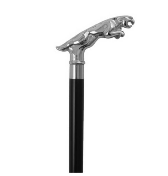 Elegant walking cane set with silver-plated cheetah handle and detachable wooden shaft sections
