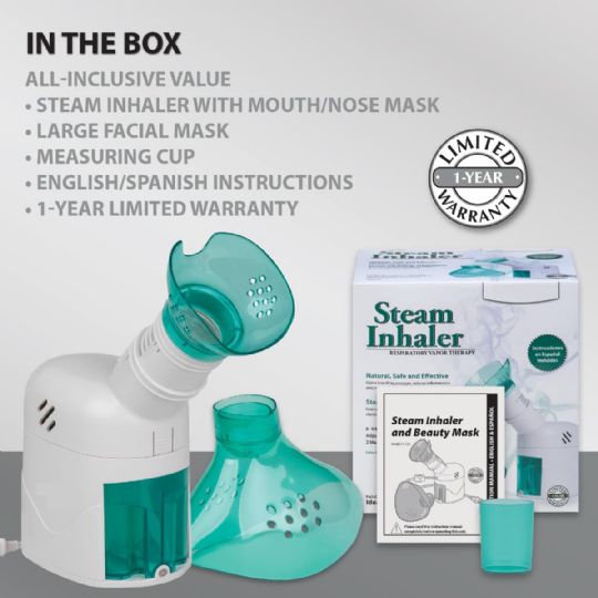 All-inclusive steam inhaler set with dual masks, measuring cup, and instructions, backed by a 1-year warranty.