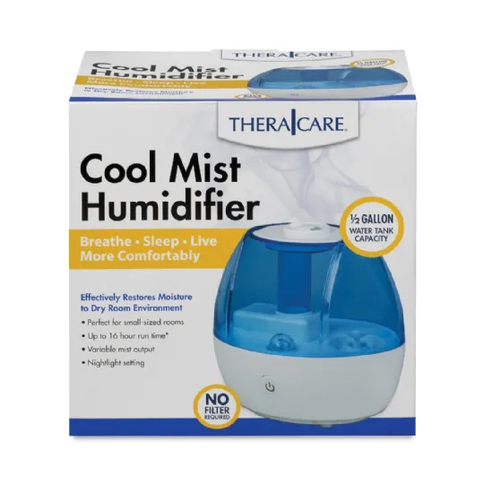 Theracare Cool Mist Humidifier with 1/2 gallon capacity, designed for comfortable air quality in small rooms, featuring up to 16 hours of runtime and no filter required.