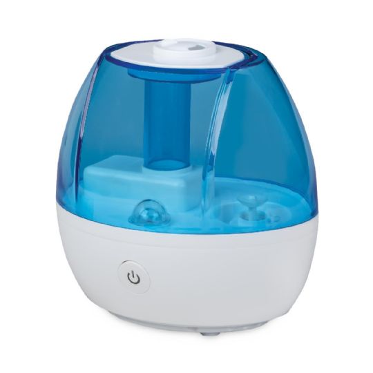 Portable cool mist humidifier with a clear blue tank and easy power button, designed for small rooms.