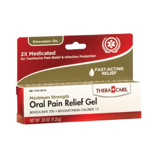 Theracare Oral Pain Relief Gel, 2X Medicated Strawberry Gel, offers fast-acting relief for toothache pain and infection protection with maximum strength benzocaine and antiseptic benzalkonium chloride.