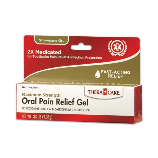 Theracare Maximum Strength Oral Pain Relief Gel in Strawberry flavor, 2X Medicated for fast-acting toothache relief and infection protection with 20 percent benzocaine and 1 percent benzalkonium chloride.