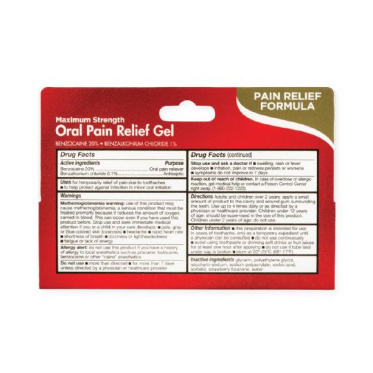 Theracare Oral Pain Relief Gel back panel with drug facts, usage directions, and active ingredients benzocaine and benzalkonium chloride for effective toothache relief and infection protection