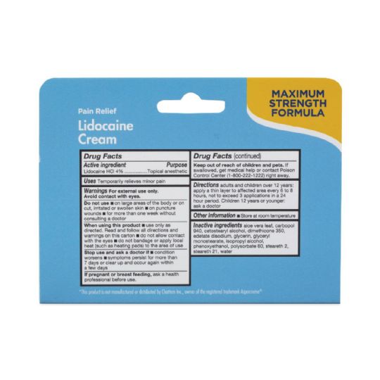 Theracare Lidocaine Cream 4 percent, detailing drug facts, usage instructions, and inactive ingredients.