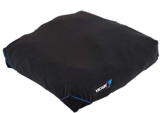 The Vicair Adjuster O2 (Standard or Low) Wheelchair Cushion by Permobil with it's washable and breathable cover.