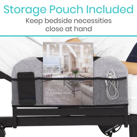 A convenient storage pouch affixes to the side of the bed frame to keep your belongings close.