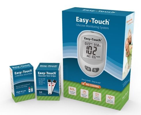 Shown From Left to Right: one(1) box of Hi/Lo Control Solutions, one(1) box of Glucose Test Strips, and one(1) box EasyTouch Glucose Meter Kit. All Available Separately in bulk cases.