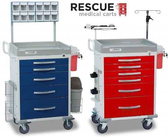 Red Loaded ER Medical Cart with 5 Drawers and Blue Loaded Anesthesiology Medical Cart with 6 Drawers