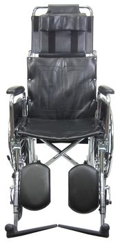 The reclining wheelchair is designed with a foldable chrome plated steel frame, withstanding up to two hundred and fifty pounds.