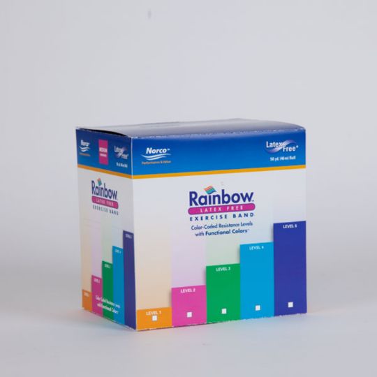 Simply unroll the desired length of durable restive band from the dispenser box and cut with scissors. The Rainbow Latex-Free Exercise Bands are available in a convenient 50 yard roll. 