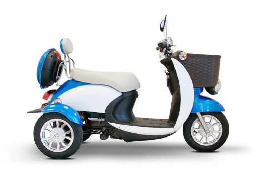 Side View of the Blue and White Euro-Style 3 Wheel Sport Scooter