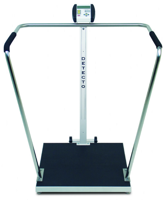 The tubular steel handrail with padded grips and the nonskid surface on the steel weight platform of the Portable High Capacity Bariatric Scale helps keep the patient from slipping. 