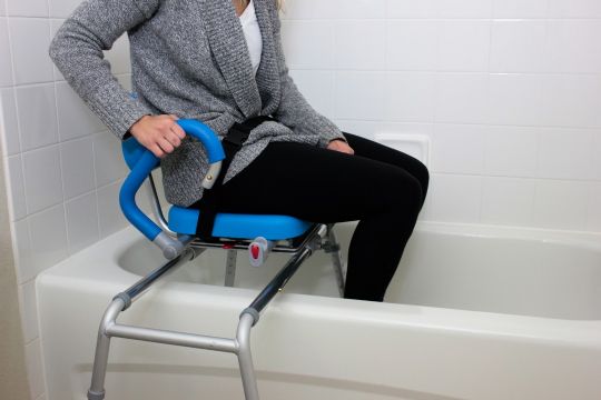 The handle provides additional support when getting up or sitting down. 