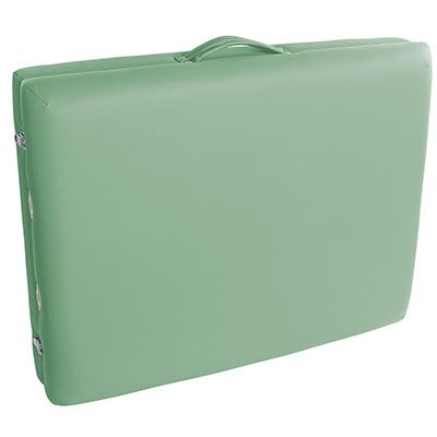 The Green Deluxe Portable Massage Table is shown fully folded for easy, lightweight transportation.