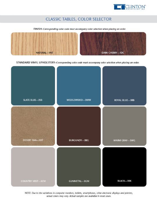 Laminate finish and vinyl color selection.