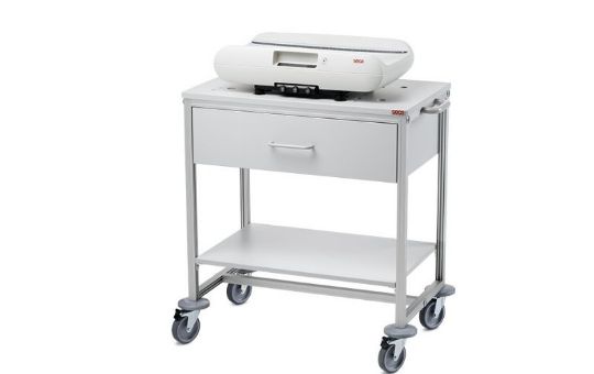 The Mobile Cart for Infant Scales model 403 includes a lower shelf and a drawer for convenient storage and easy access to supplies.