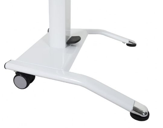 The base of the Pneumatic Height Adjustable Lectern Table consists of two casters that allow for the lectern to be transported and rolled where it is needed.