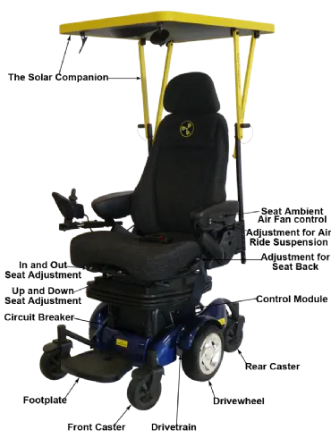 showers power chair with a yellow canopy that holds solar panels