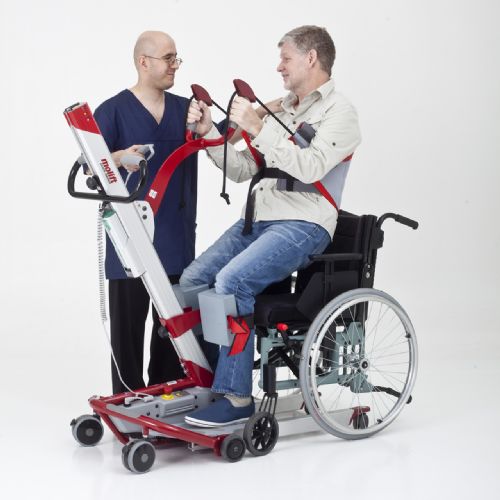 Supports users from sitting to standing for assisted mobility