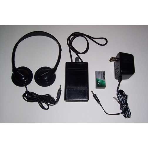 Kit includes one each: headphones, receiver, rechargeable 9V battery, and a battery charger