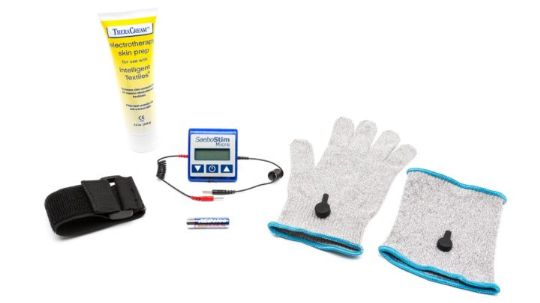 Comes with SaeboStim Micro Device, TheraCream, Glove, Arm Sleeve, and Velcro Arm Strap