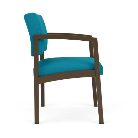 Side view of the chair, bronze frame with waterfall upholstery