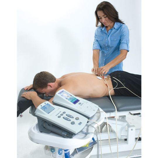 Once a protocol is selected, the Sys Stim 240 will go to the treatment page, electrodes can be placed on the patient and the intensity control can be adjusted to begin treatment. 