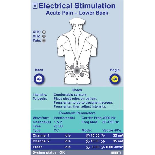 There are numerous anatomical and waveform specific protocols complete with electrode placement guidance. Once a protocol is selected, the Sys*Stim 240 will go to the treatment page, electrodes can be placed on the patient and the intensity control can be adjusted to begin the treatment. Clinicians may also store their own treatment protocols for later use.
