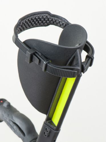 A forearm strap helps the user position the crutches for a comfortable fit