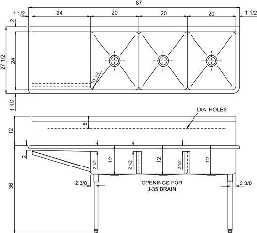 Stainless Steel Three Compartment Scullery Sink